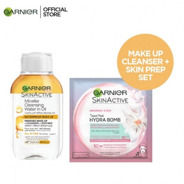 Garnier Make up cleanser + Skin Prep Set 30%. Micellar Oil in water 100 ml + Hydrabomb Camomile Mask (Even for sensitive skin)
